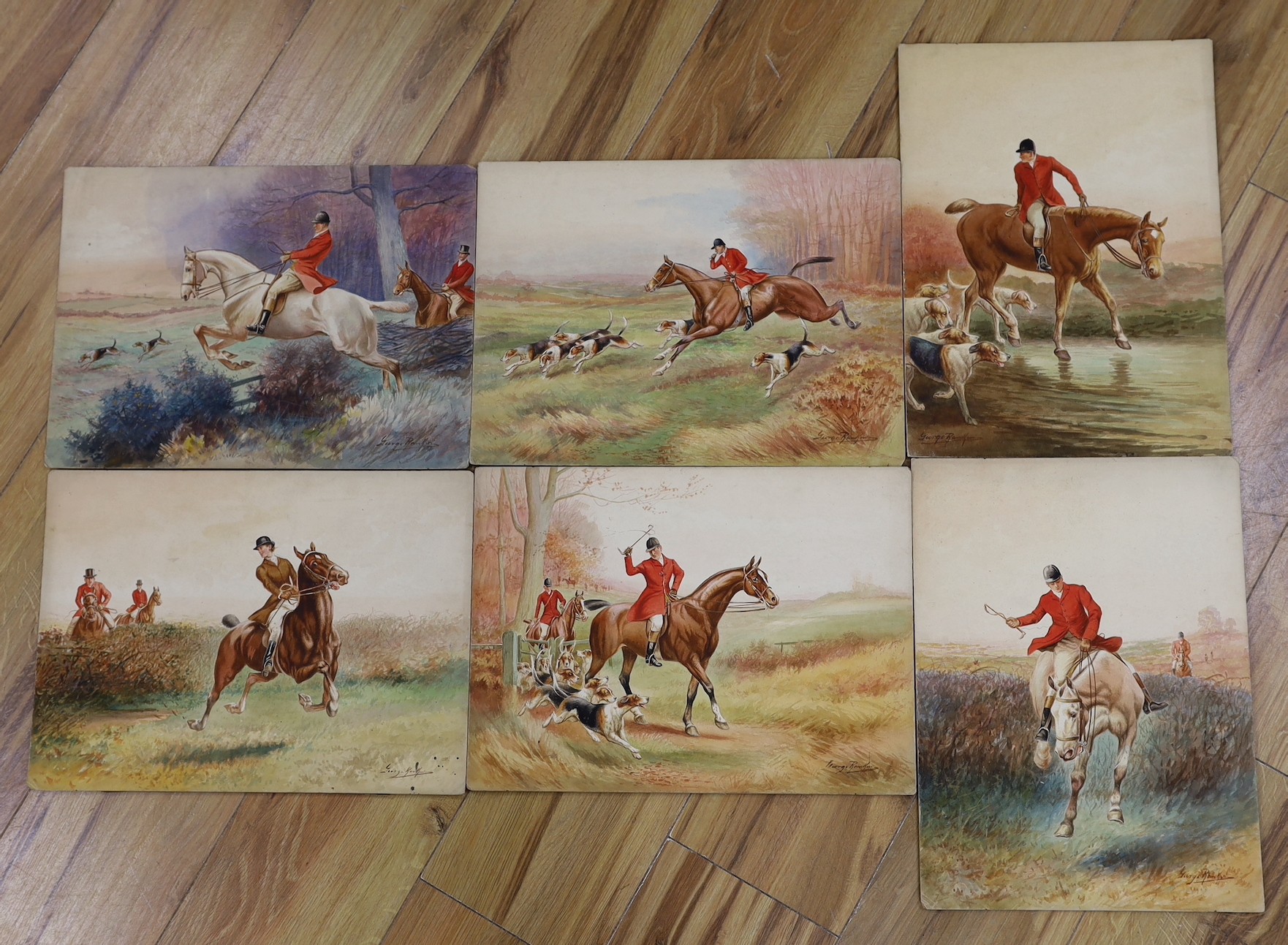 George Rankin (1864-1937), six watercolours on card, hunting scenes, signed, unframed, largest 27 x 37cm